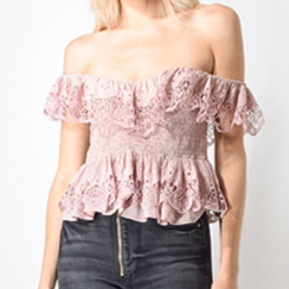 $365 40 6 IRO Pink Giggle Off Shoulder Smocked Cropped Top Blouse - Picture 1 of 7